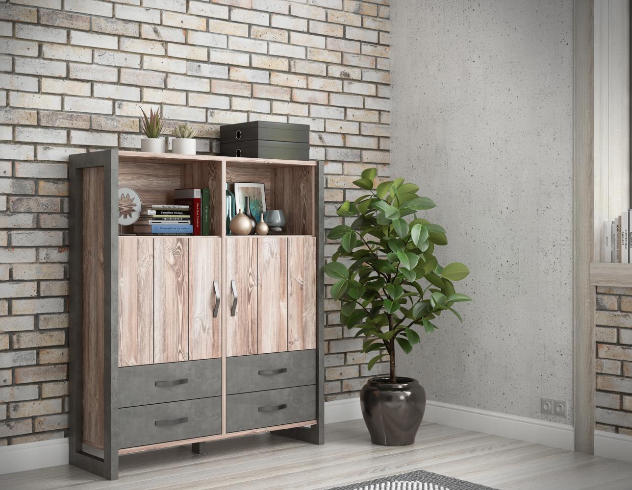 Highboard NOTE Betonoptik in dunkelgrau kombiniert mit Picea Kiefer Bild 1