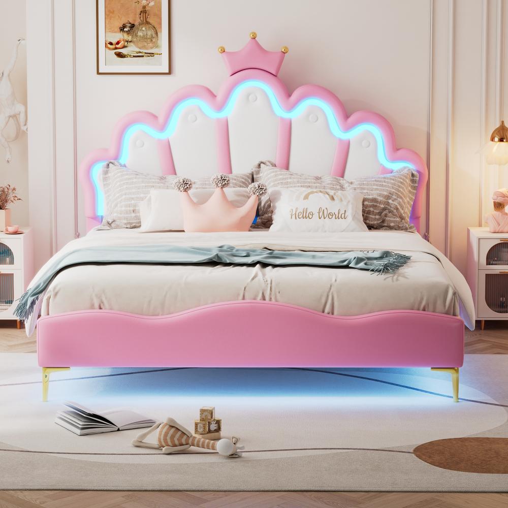 Merax 140*200cm Flaches Doppelbett, weiche Polsterung aus PU-Leder, verstellbarer LED-Umgebungslichtstreifen, Rosa Bild 1