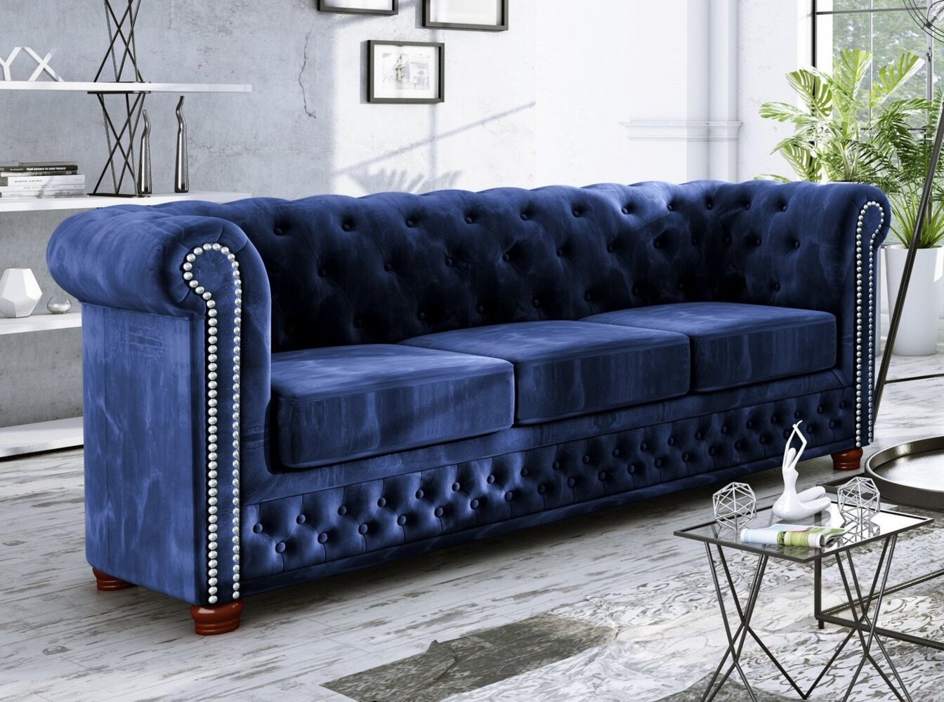 S-Style Möbel Chesterfield-Sofa Leeds 3-Sitzer aus Samt-Stoff mit Holzfüßen, mit Wellenfederung Bild 1