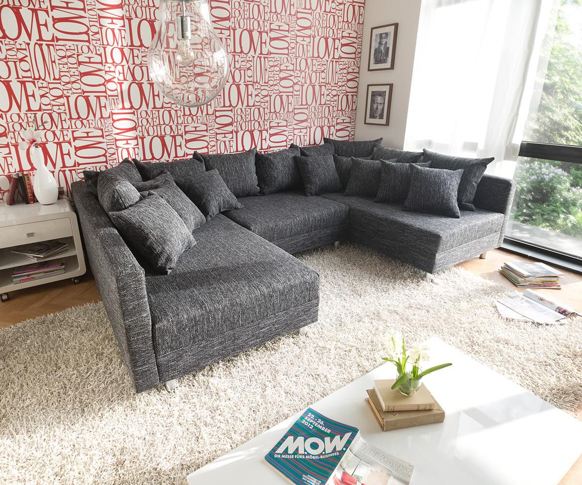 Wohnlandschaft Clovis Schwarz Strukturstoff mit Hocker Modulsofa Bild 1