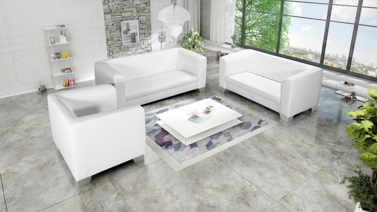 Edles Loungesofa Chicago Set 3-2-1 in Kunstleder weiss Couch Polstersofa Sofa Bild 1