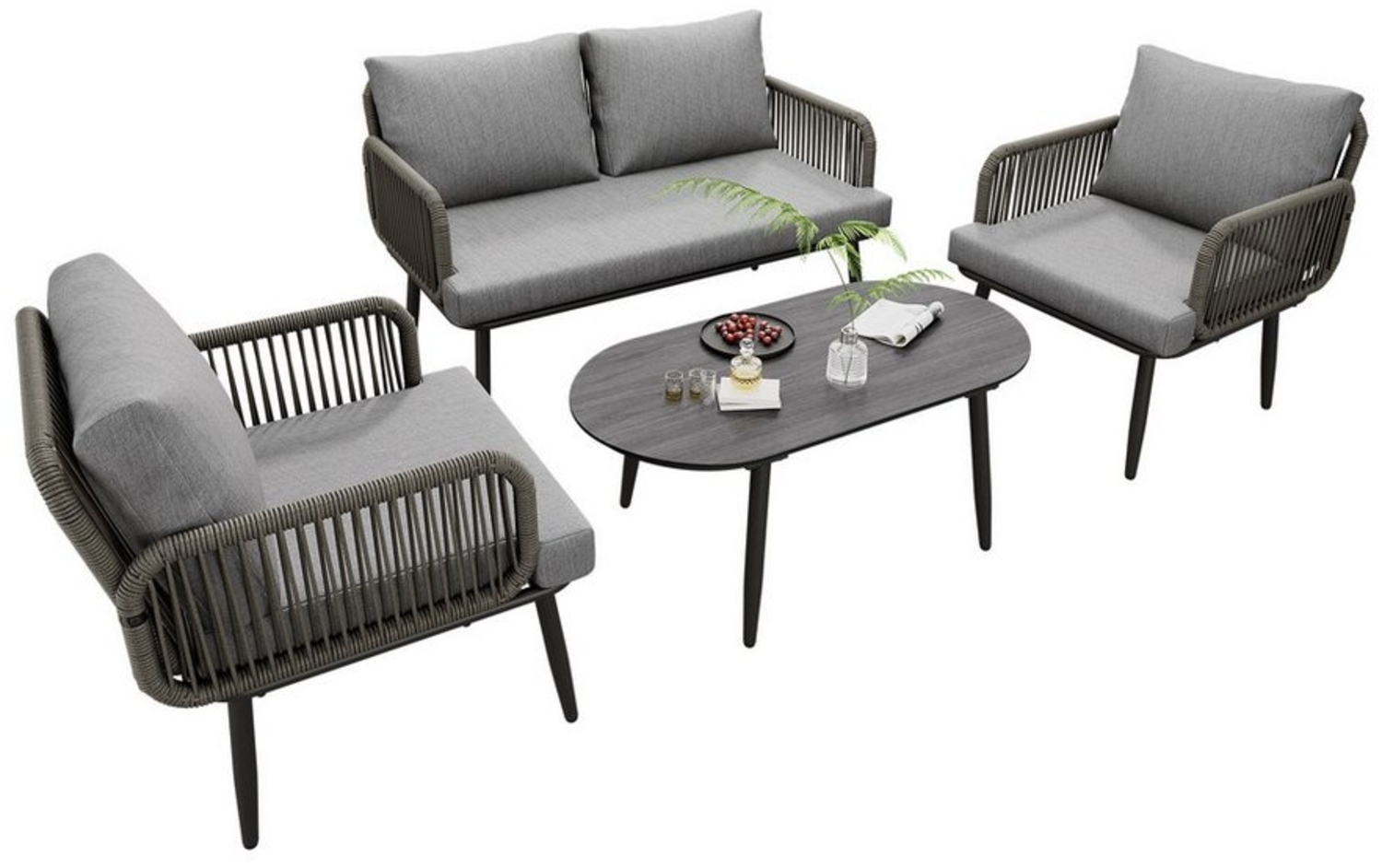 HAUSS SPOLE Gartenlounge-Set Gartenmöbel-Set mit Kissen, 2-Sitzer-Sofa, 2 Sessel, Couchtisch, Grau, (Garten-Lounge-Set, Gartenmöbel-Set, Outdoor-Sofa-Set, Balkonset, 4-tlg, 2-Sitzer-Sofa, 2 Sessel und Couchtisch), Glasplatte in Holzmaserung-Stil, verzi... Bild 1