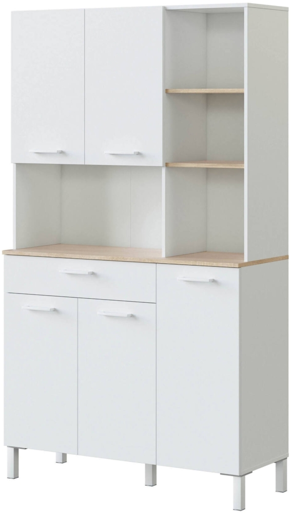 Dmora Großer Mehrzweckschrank Abbaio, Küchenhilfsschrank, Sideboard mit 5 Türen und 1 Schublade, offener Kleiderschrank, 108 x 40 x 186 cm, Weiß und Eiche Bild 1