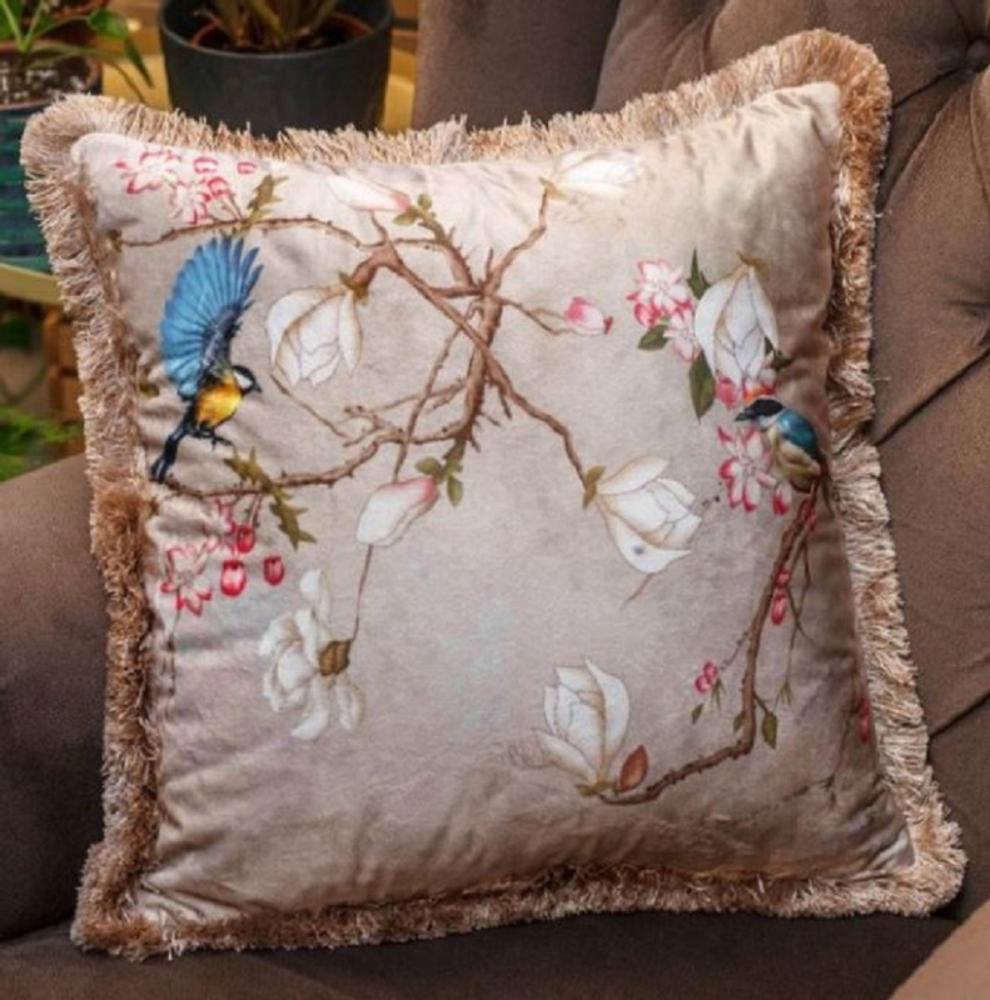 Casa Padrino Luxus Deko Kissen Vögel Beige / Mehrfarbig 45 x 45 cm - Bedrucktes Samt Kissen mit Fransen - Wohnzimmer Deko Accessoires Bild 1