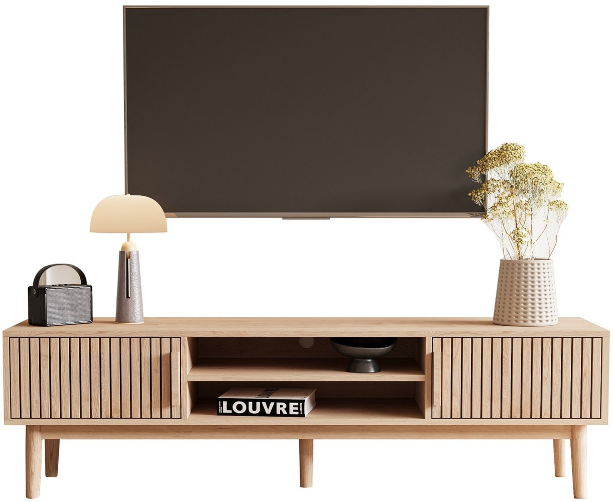 FUROKOY TV-Schrank Lowboard im wohnzimmer Fernsehschrank mit 2 Türen und 2 Ablagefächer 150x40x48 cm,Großes Kabelmanagementloch,Mit rutschfesten Tischbeinen Bild 1