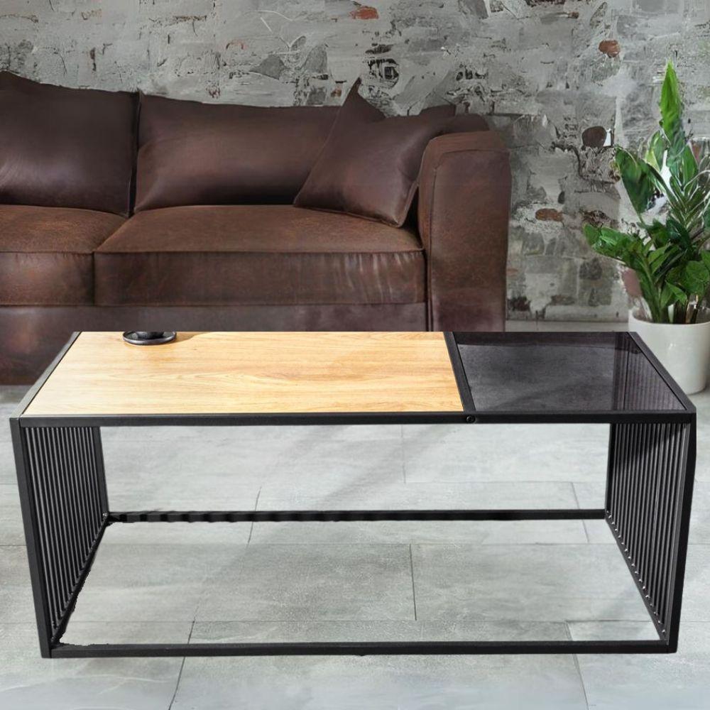 Moderner Couchtisch STRIVE 100cm Eiche-Look Industrielles Design schwarz Metall Bild 1