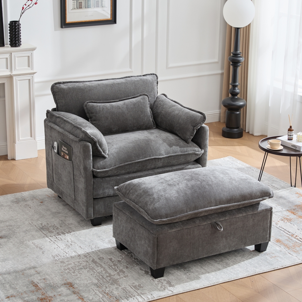 LVHOM Einzelsofa mit Ottomane, Chenille Chaiselongue Sessel mit Seitentasche, Relaxsessel Fernsehsessel Ohrensessel mit Hocker, Grau Bild 1