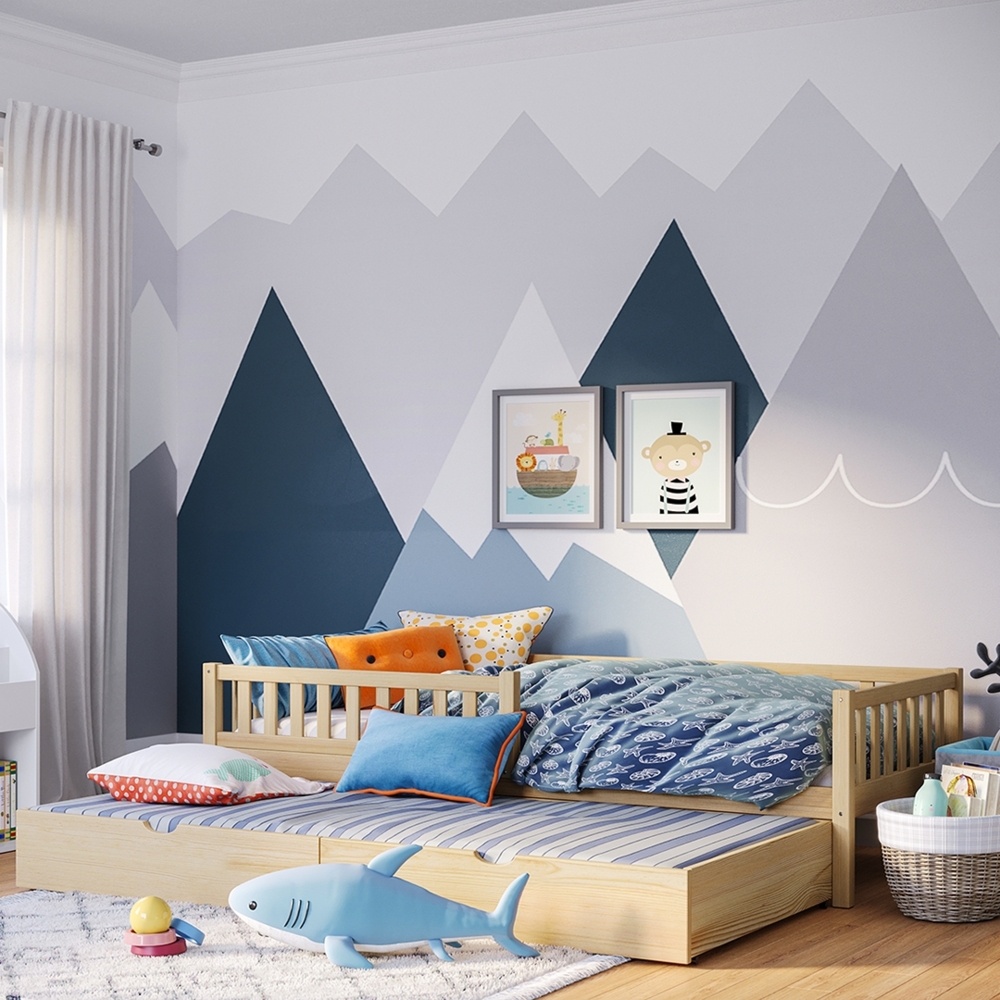 Bellabino 'Vils' Kinderbett 90x200 cm mit Gästebett 90x190 cm, natur, Kiefer Massivholz, Montessori Bett mit Ausziehbett, mit abnehmbarem Rausfallschutz und Lattenrost Bild 1