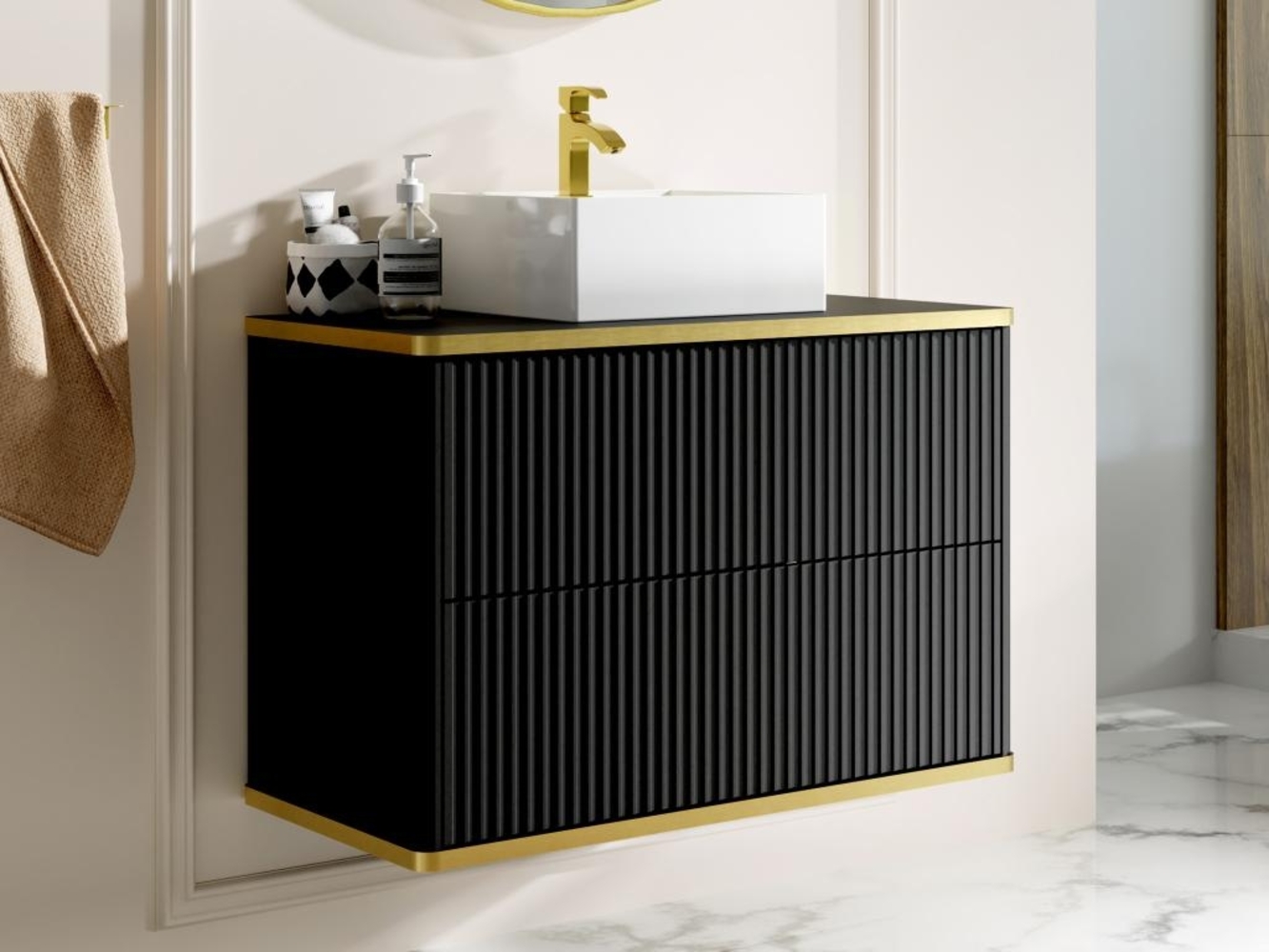 Vente-unique - Waschbeckenunterschrank hängend mit Aufsatzwaschbecken - Streifenoptik - Goldfarbene Umrandung - Schwarz - 80 cm - KELIZA Bild 1