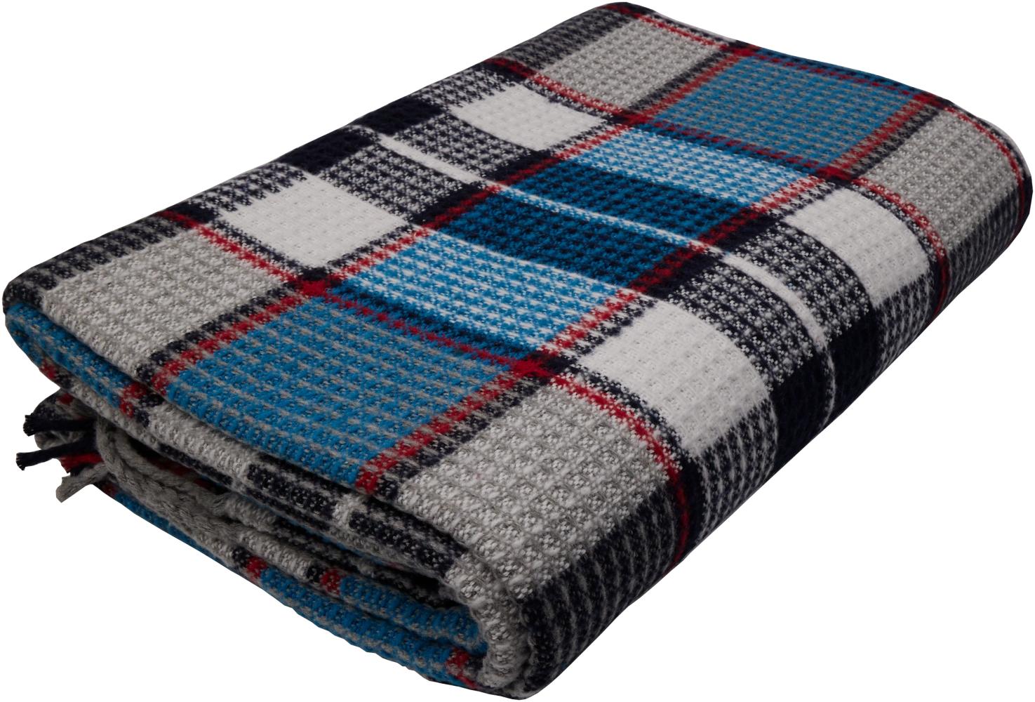 Wohndecke Fair de luxe Cotton All Seasons | Wolldecke aus 50% Baumwolle, 30% Polyester und 20% Acryl | Couchdecke / Sofadecke | Wohlfühlende Kuscheldecke | Wolldecke mit Fransenborde (Blau/Schwarz/Grau Kariert) Bild 1