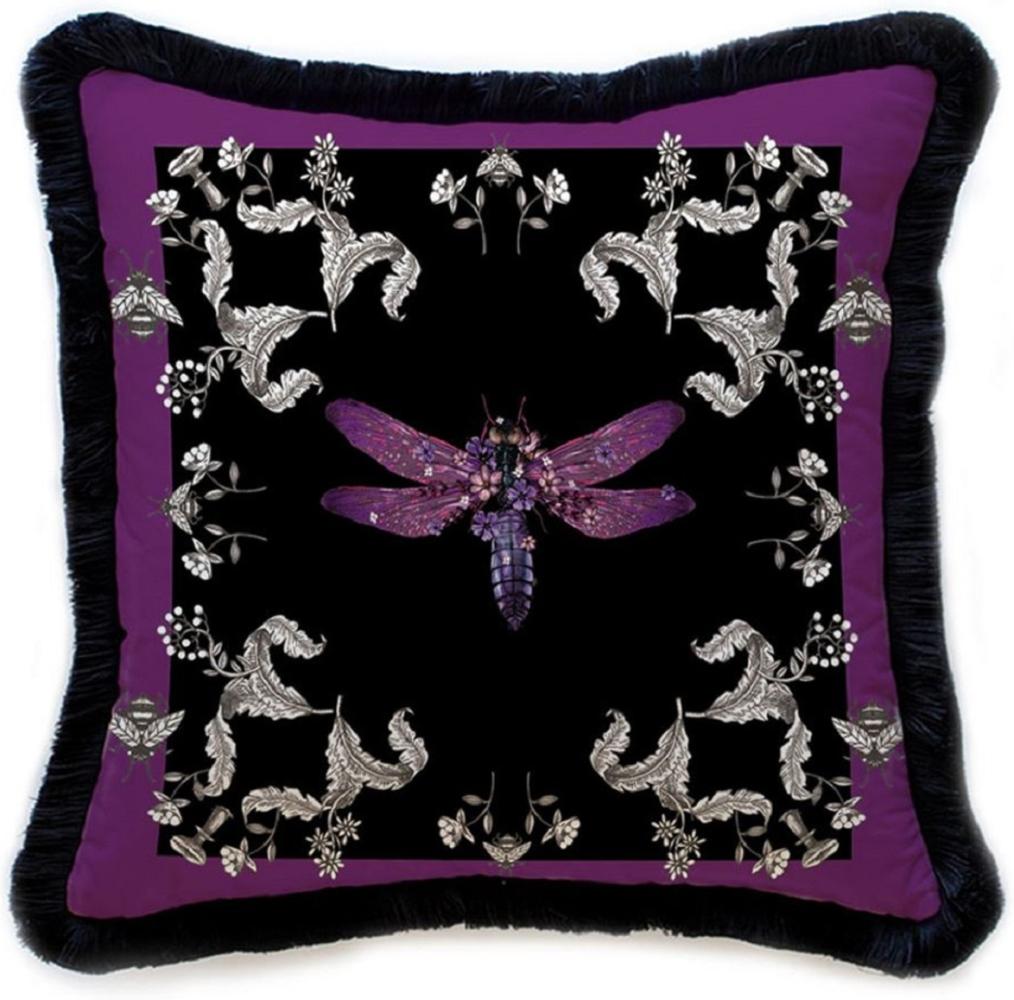 Casa Padrino Luxus Deko Kissen Libelle & Blumen Lila / Grau / Schwarz 45 x 45 cm - Bedrucktes Samt Kissen mit Fransen - Luxus Deko Accessoires Bild 1