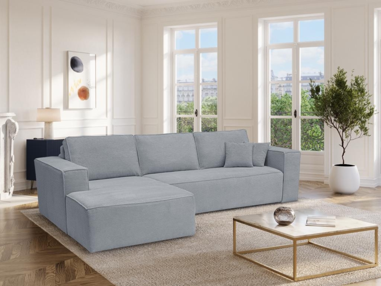 Vente-unique - Eckschlafsofa mit Matratze - Ecke links - Cord - Hellgrau - Liegefläche 140 cm - Matratze 13 cm - AMELIA II Bild 1