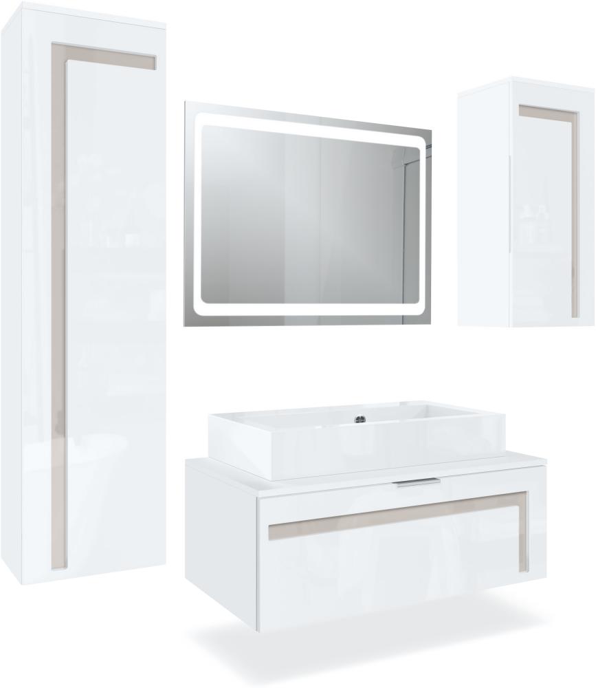 Badmöbel Komplettset Aloha V2, Korpus in Weiß matt / Fronten in Weiß Hochglanz mit Absetzungen in Sandgrau Hochglanz, mit Aufsatzwaschbecken und LED Spiegel Bild 1