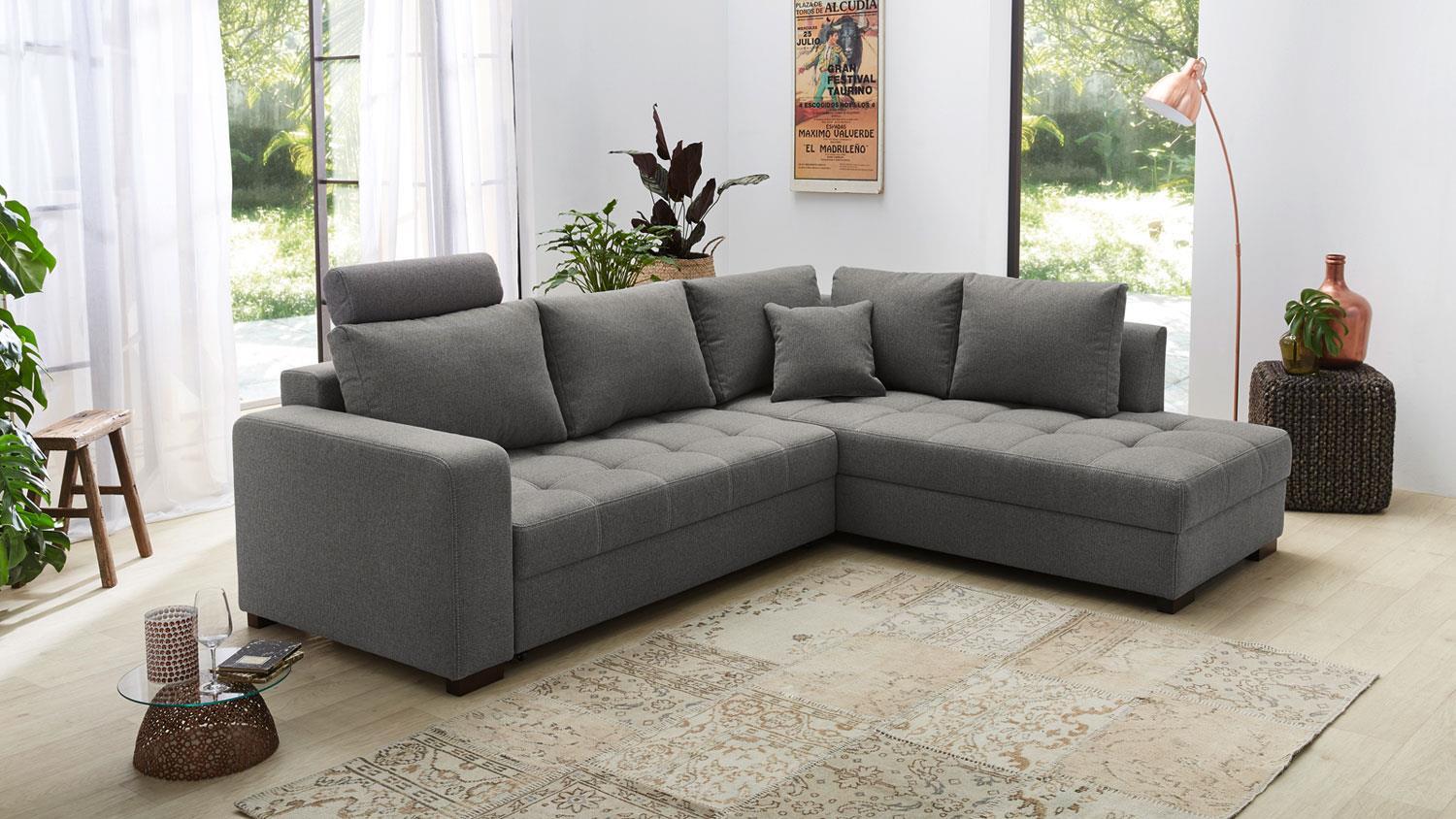 Ecksofa ALYA in Stoff grau mit Schlaffunktion und Bettkasten Bild 1