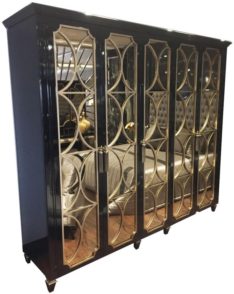 Casa Padrino Luxus Barock Schlafzimmerschrank Schwarz / Gold 260 x 63 x H. 240 cm - Prunkvoller Kleiderschrank mit 5 verspiegelten Türen - Luxus Qualität Bild 1