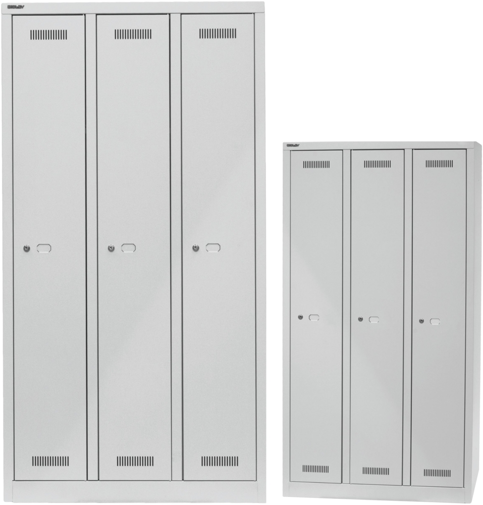 BISLEY Garderobenschrank MonoBloc abschließbar mit Belüftungsschlitzen, Hutboden, Handtuchhalter, Kleiderstange & 3 Haken - Spind mit Schloss - 3 Abteile, Farbe: lichtgrau, ML09T1-645 Bild 1