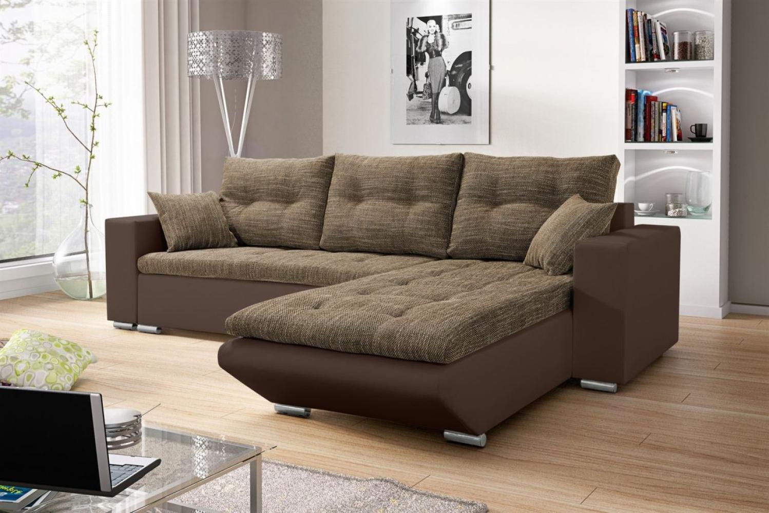 Ecksofa Sofa NINO mit Schlaffunktion Braun-Hellbraun Ottomane Rechts Bild 1