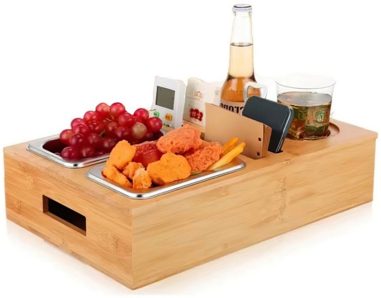 SURFOU Schüssel Snackbox mit Snackschalen aus Edelstahl und Zwei Untersetzern, (für Sofa Deko Couch Bar mit Getränkehalter - Snackbox mit Fächern), Tablett Holz Sofatablett Organizer Flaschenhalter mit Abnehmbarem Bild 1