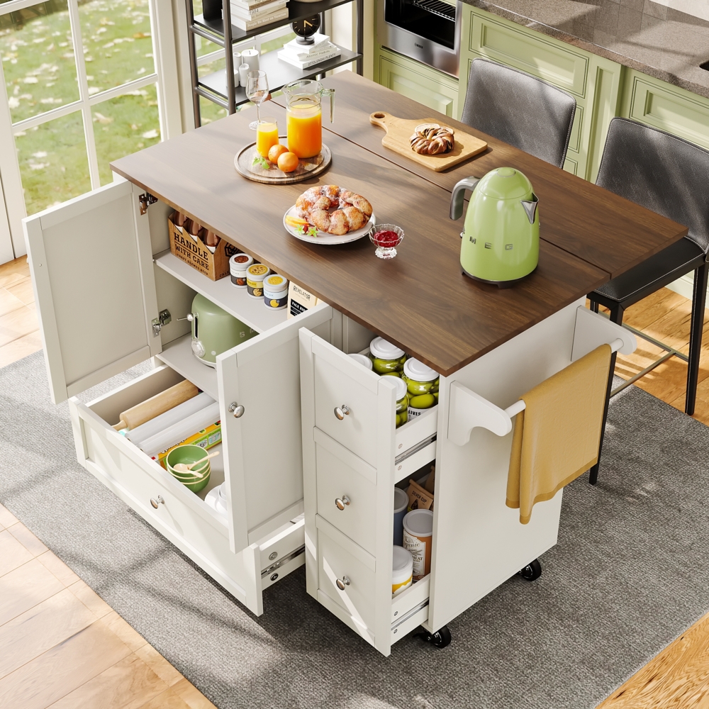 Merax Küchenwagen, herausnehmbarer Esswagen mit Arbeitsplatte, Handtuchhalter und Gewürzregal, verstellbare Trennwände, Küchenbuffet, Tischplatte mit Holzmaserung, weiß Bild 1