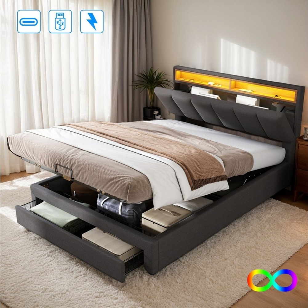 LuxeLiving Polsterbett LED Doppelbett, Kopfteil mit Stauraum,Schubladen,Bettkasten,Leinen,180x200 cm Bild 1