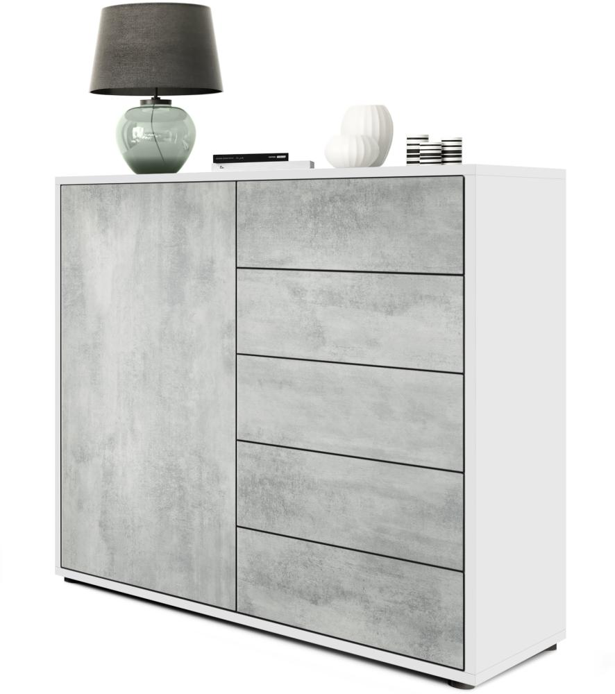 Vladon Sideboard Ben V2, Kommode mit 1 Tür und 5 Schubladen, Weiß matt/Beton Oxid-Optik (79 x 74 x 36 cm) Bild 1