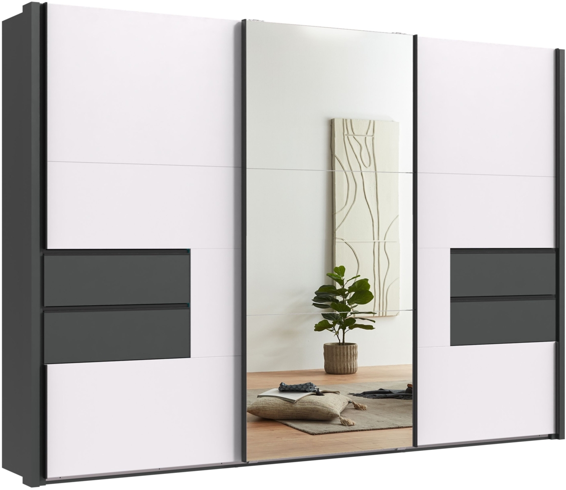 Schwebetürenschrank Kleiderschrank Passepartout 312cmSchubl. Grafit Weiß Spiegel Bild 1