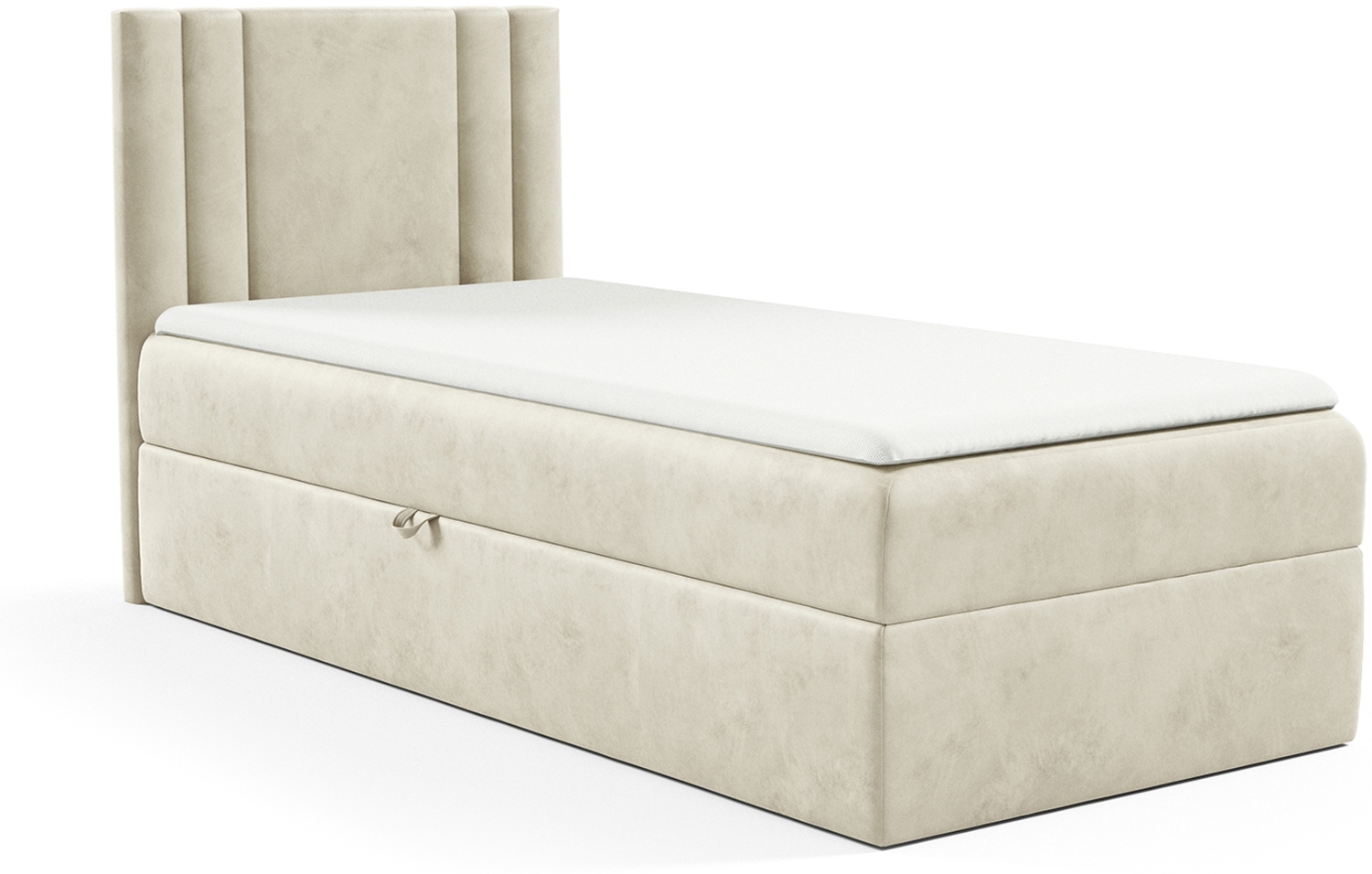 MEBLINI Kinderbett mit Bettkasten CARDI 80x200 Links - H3/Beige Samt Gepolstert Einzelbett mit Matratze - Polsterbett mit Stauraum - Bett mit Kopfteil – Stauraumbett Bild 1