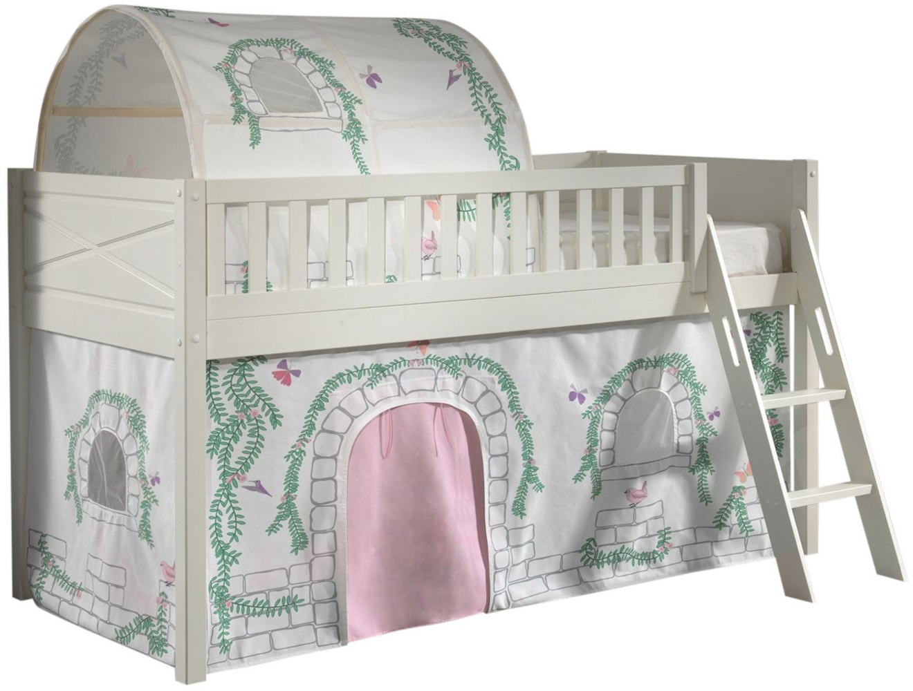 Kinderbett Karyl 208x114x135 Massivholz Weiß Textilset Birdy 2 Bild 1