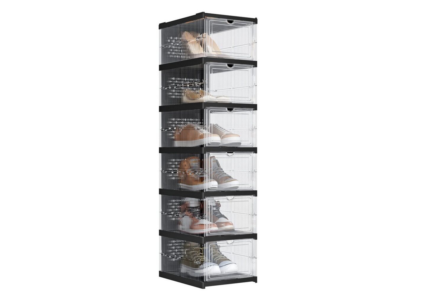 SONGMICS Schuhschrank, mit 6 Schuhboxen, integrierter Schuh-Organizer, faltbar, tragbar, für Schuhe bis Größe 46, 1-Min-Montage, transparent-tintenschwarz LSPDE205B01 Bild 1