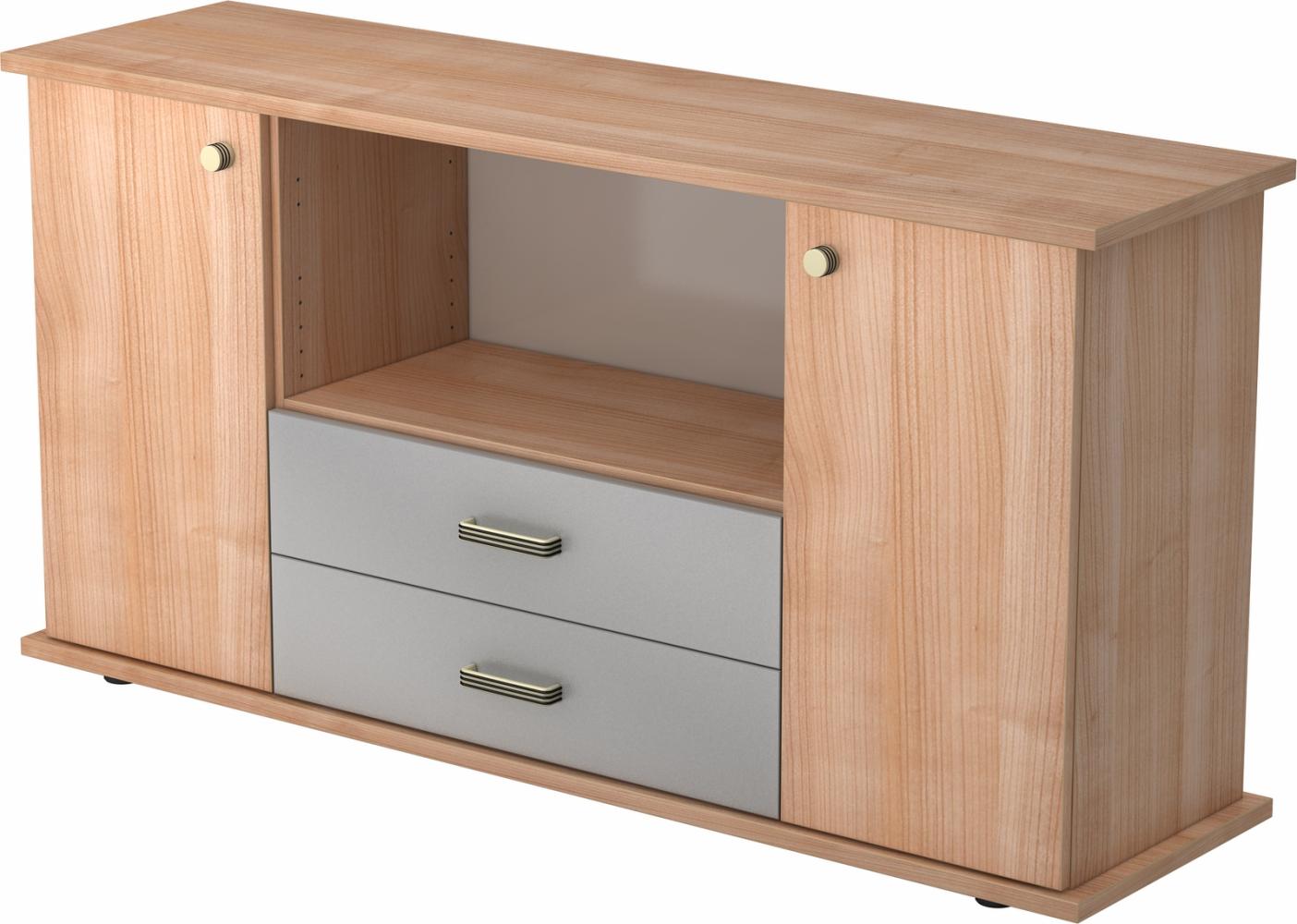 bümö Sideboard Nussbaum mit Flügeltüren & Regal - Büromöbel Sideboard mit Schubladen Holz 166cm breit, 45cm schmal, Büro Schrank für Flur oder als Wohnzimmer-Kommode mit Streifengriff, SBTS-N-N-SG Bild 1