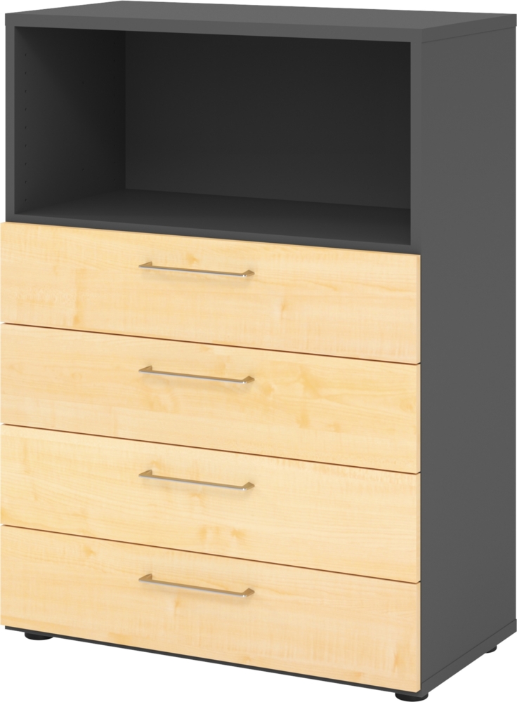 bümö smart Schubladenschrank, Büroschrank 80cm breit in Graphit/Ahorn mit 4 Schüben & 1 Regalfach - Bürocontainer aus Holz, Container mit Metallgriffen & Soft-Stop Schubladen, 938S4-G-3-BS Bild 1