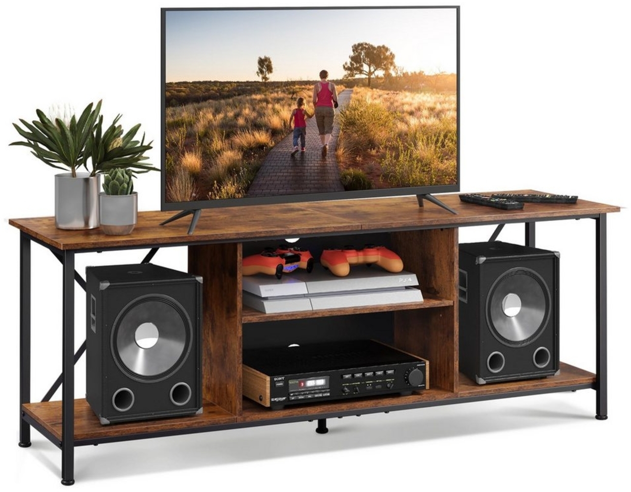 WLIVE TV-Schrank Lowboard 140 cm, Fernsehtisch bis 65 Zoll, (Industrie Design mit Ablagen & Kabelmanagement, Holzoptik & Metall, 1er Set) Breite 140 cm, TV Board für Wohnzimmer, Schlafzimmer Bild 1