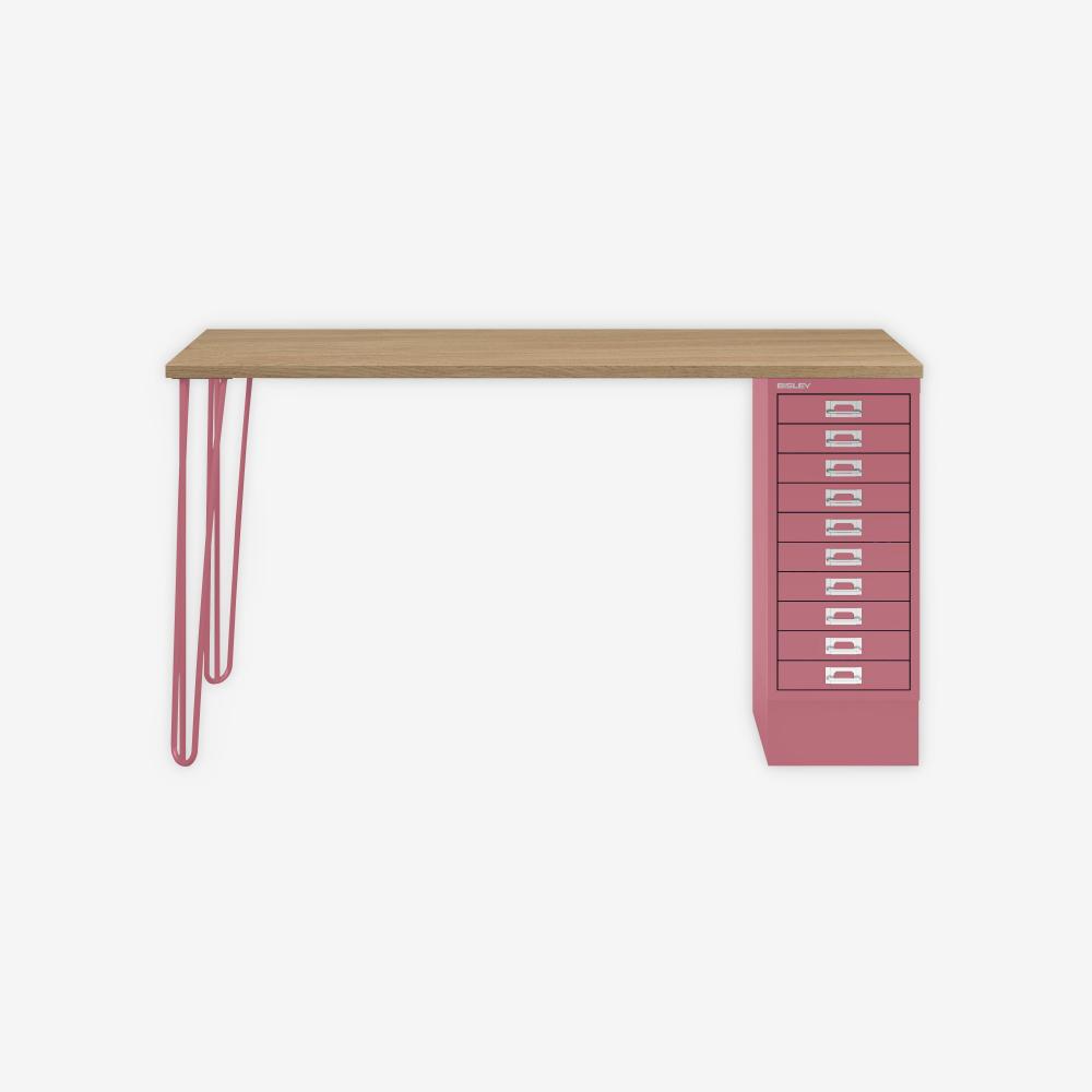 MultiDesk, 2 Stahlfüße, 1 MultiDrawer mit 10 Schüben, Dekor natürliche Eiche, Farbe Pink, Maße: H 740 x B 1400 x T 600 mm Bild 1