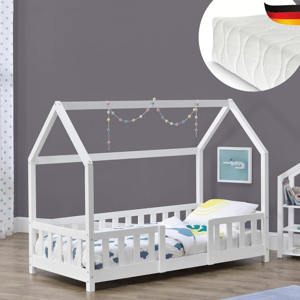 DELUKE® Kinderbett 80x160 cm LULO - Inkl. Matratze Lattenrost Rausfallschutz Einzelbett Hausbett Kinderzimmer Bodenbett Kinder Bett Klein Montessori Bett Weiß Bild 1