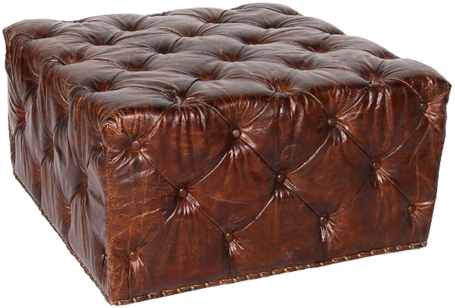 Casa Padrino Chesterfield Echtleder Fußhocker Dunkelbraun 80 x 80 x H. 42 cm - Luxus Qualität Bild 1