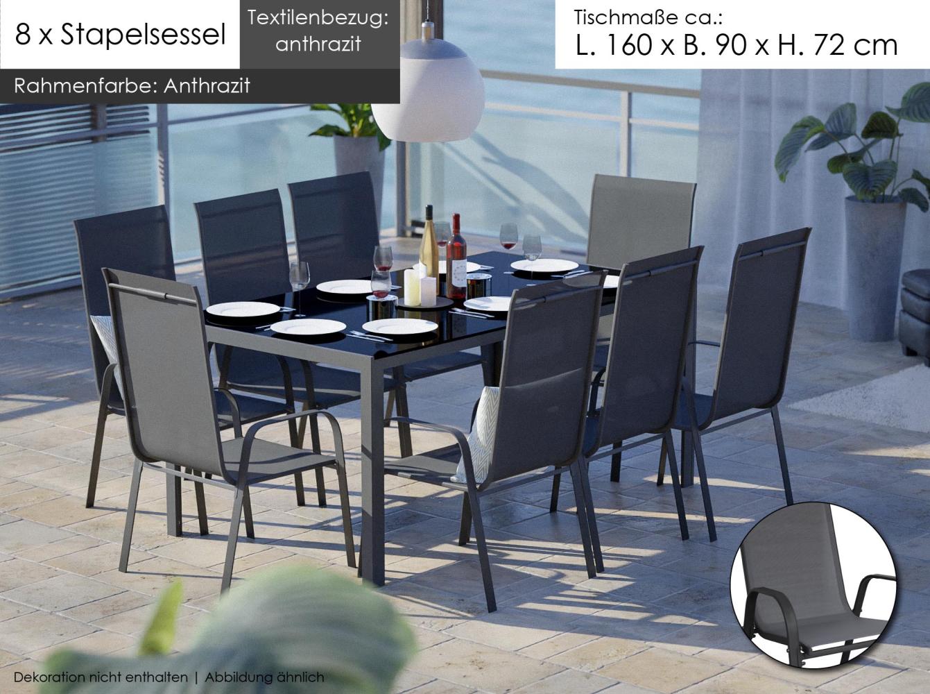 Gartenmöbel Set Metall Tisch 8 Stapelsessel Essgruppe Gartenset Sitzgruppe Stuhl anthrazit Bild 1