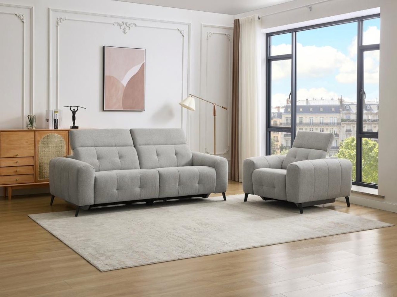 Vente-unique - Relaxsofa elektrisch 3-Sitzer + Sessel - Stoff - Grau - CLODI Bild 1