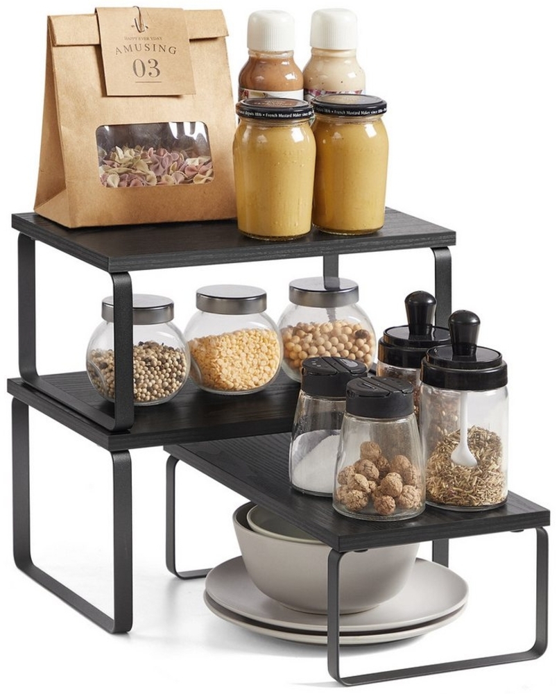Gewürzregal, 3er Set Küchen-Organizer, Küchenregal, stapelbar, erweiterbar, Metall und Holzspanplatte, grau-schwarz Bild 1