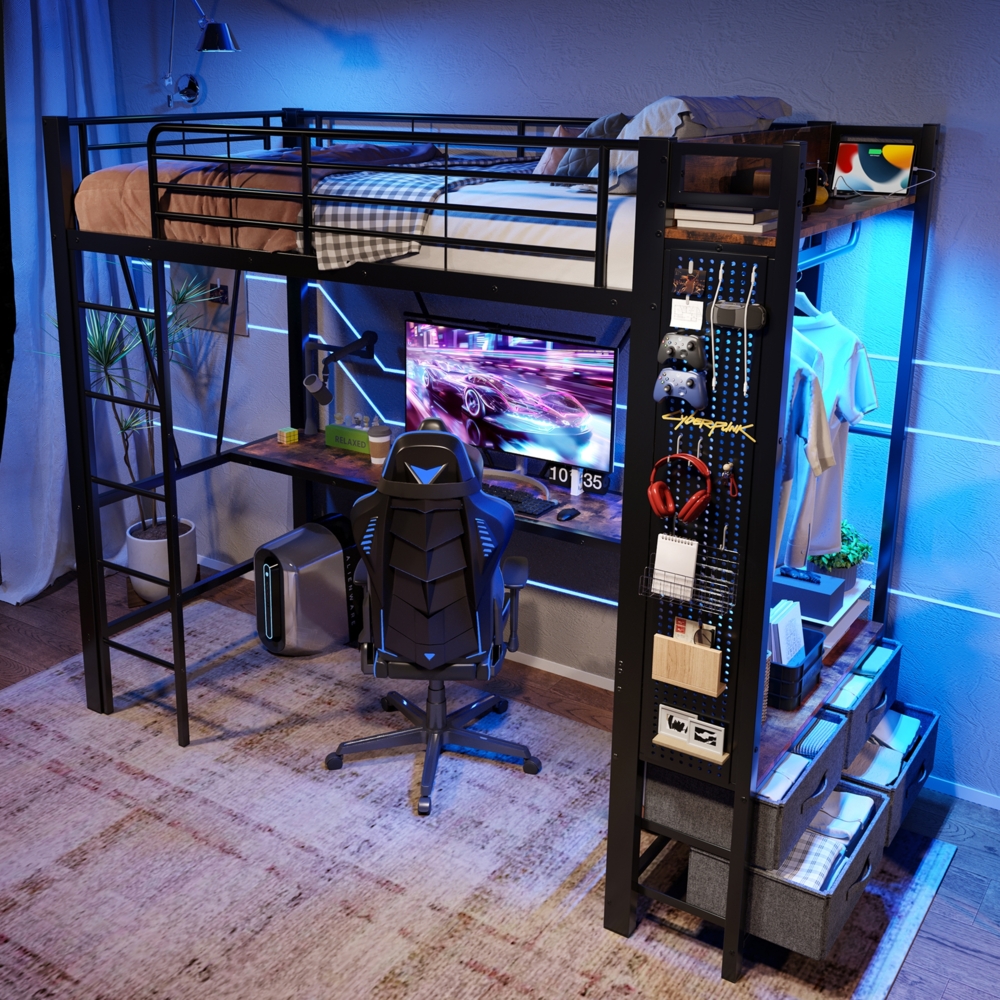 Merax Hochbett Etagenbett 90x200cm mit Schreibtisch und Ladefunktion, Jugendbett mit Led, Kinderbett Metallbett mit Kleiderstange und Schubladen, schwarz Bild 1