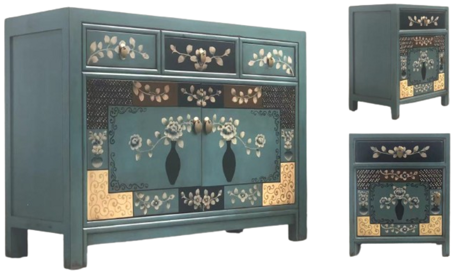 Vintage Asia Asiatische Möbelkombination Kommode Sideboard Nachttisch Nachtkästchen3-Teilig Blau-Braun Bild 1