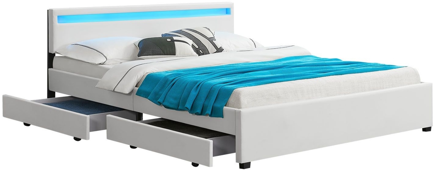 Juskys 'Lyon' Polsterbett mit Schubladen und LED-Beleuchtung, Kunstleder, Weiß, 180x200 cm, false Bild 1