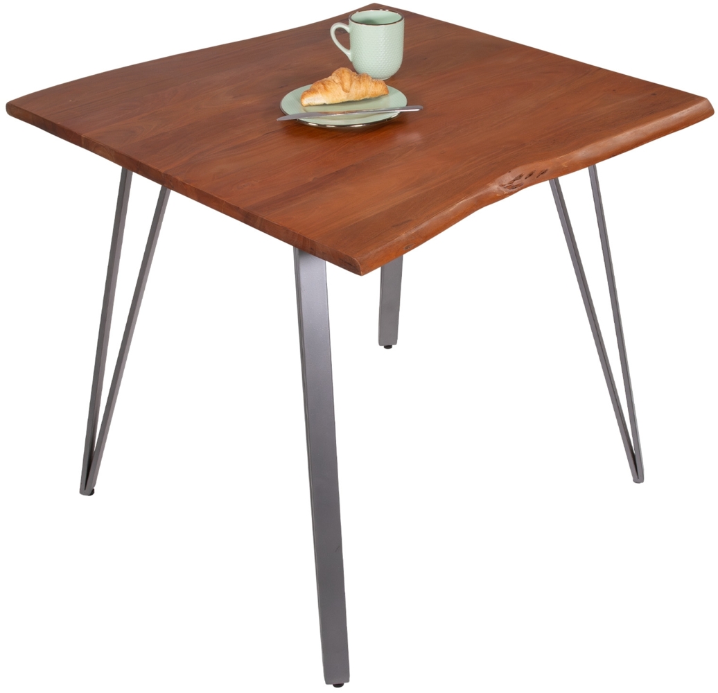 Esstisch Baumkante 80 x 80 cm Akazie massiv nussbaumfarben Metallgestell Silber CELIA 136313034 Bild 1