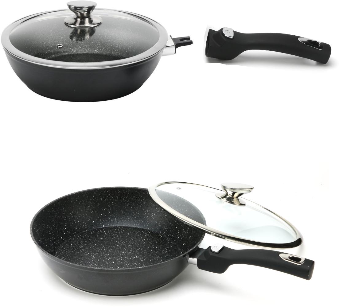 Cheffinger WOK Pfanne 30cm Induktion Aluguss mit Deckel Antihaft Bratpfanne abnehmbarer Griff Marmorbeschichtung Gastronomie Home Wokpfanne Schwarz Bild 1