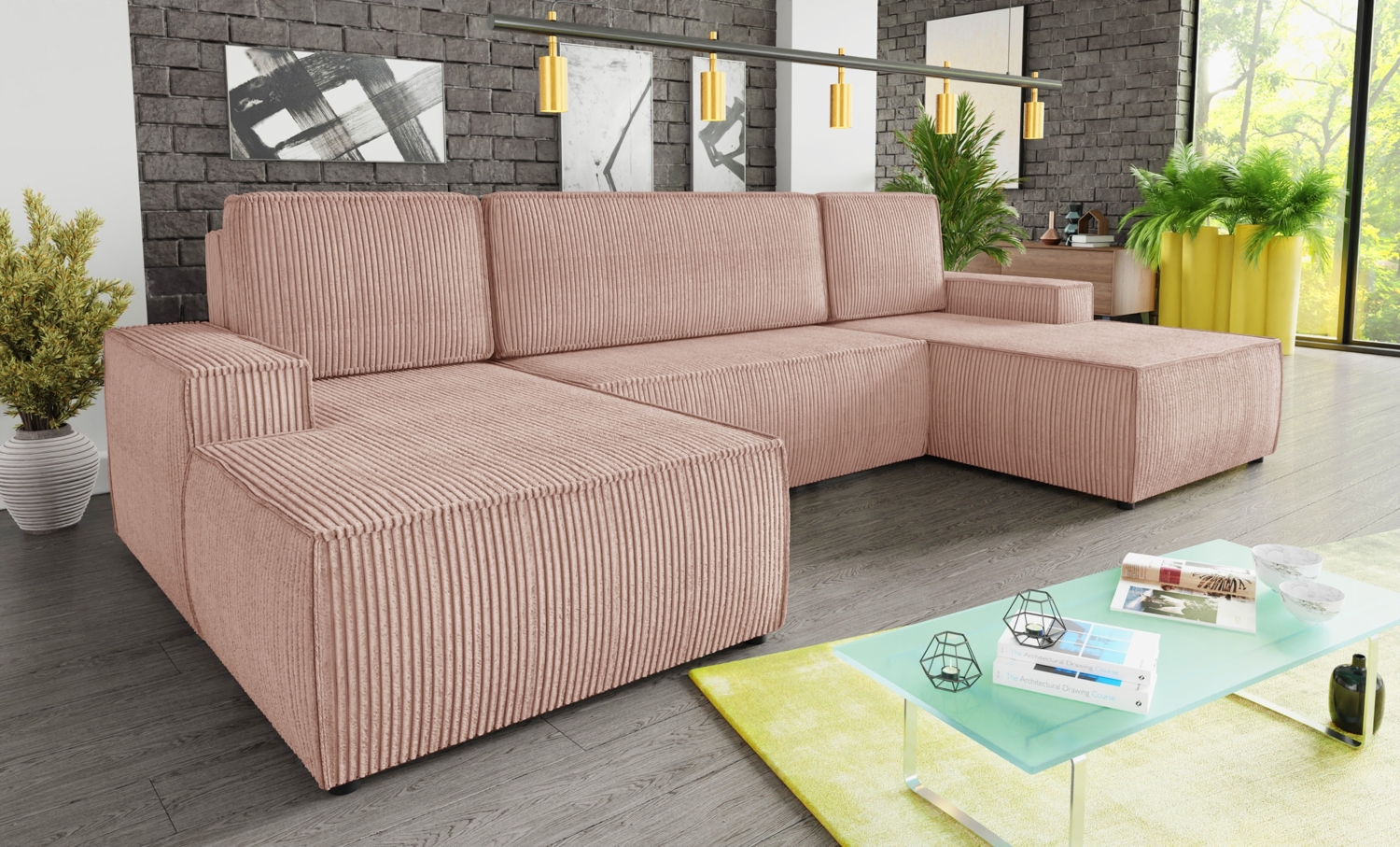 Wohnlandschaft mit Schlaffunktion Totti - U-Form Couch, Schlafsofa mit Bettkasten, Couchgranitur mit Bettfunktion, Big Sofa, Cord Stoff, Wohnzimmer (Rosa (Poso 052)) Bild 1