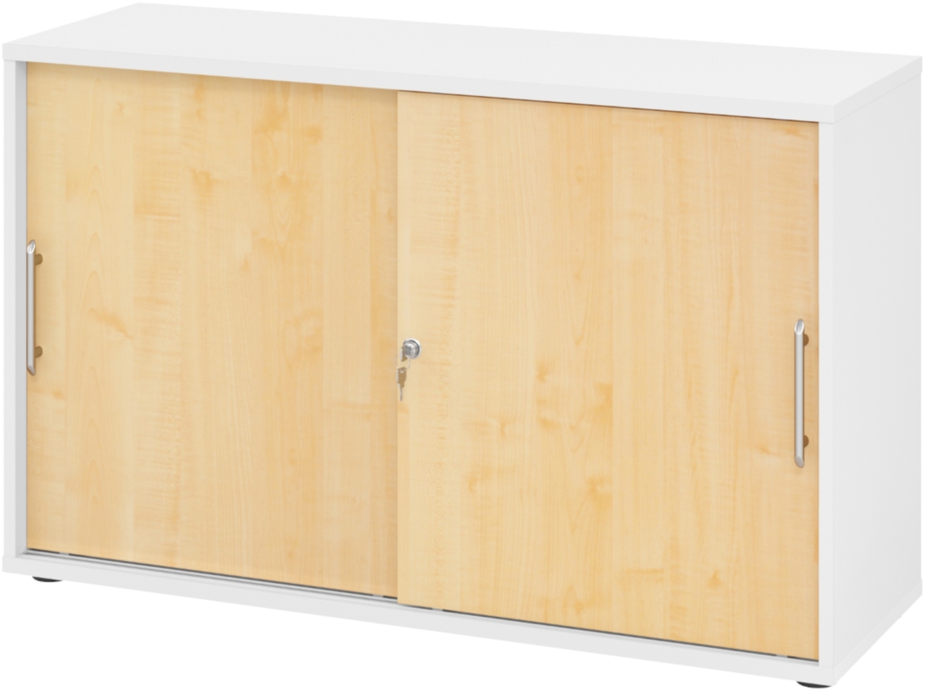 bümö Schiebetürenschrank 2OH - Aktenschrank abschließbar, Sideboard Schrank mit Schiebetüren in Weiß/Ahorn, Relinggriff - Büroschrank aus Holz mit Schiebetür, Büro Kommode für Ordner & Co, 1752S-W-3-RE Bild 1