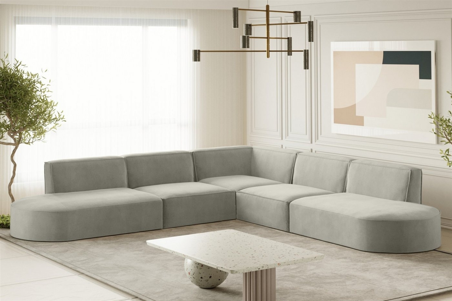 Ecksofa Designersofa PALMA Stoff Noel Hellgrau Seite Universal Bild 1