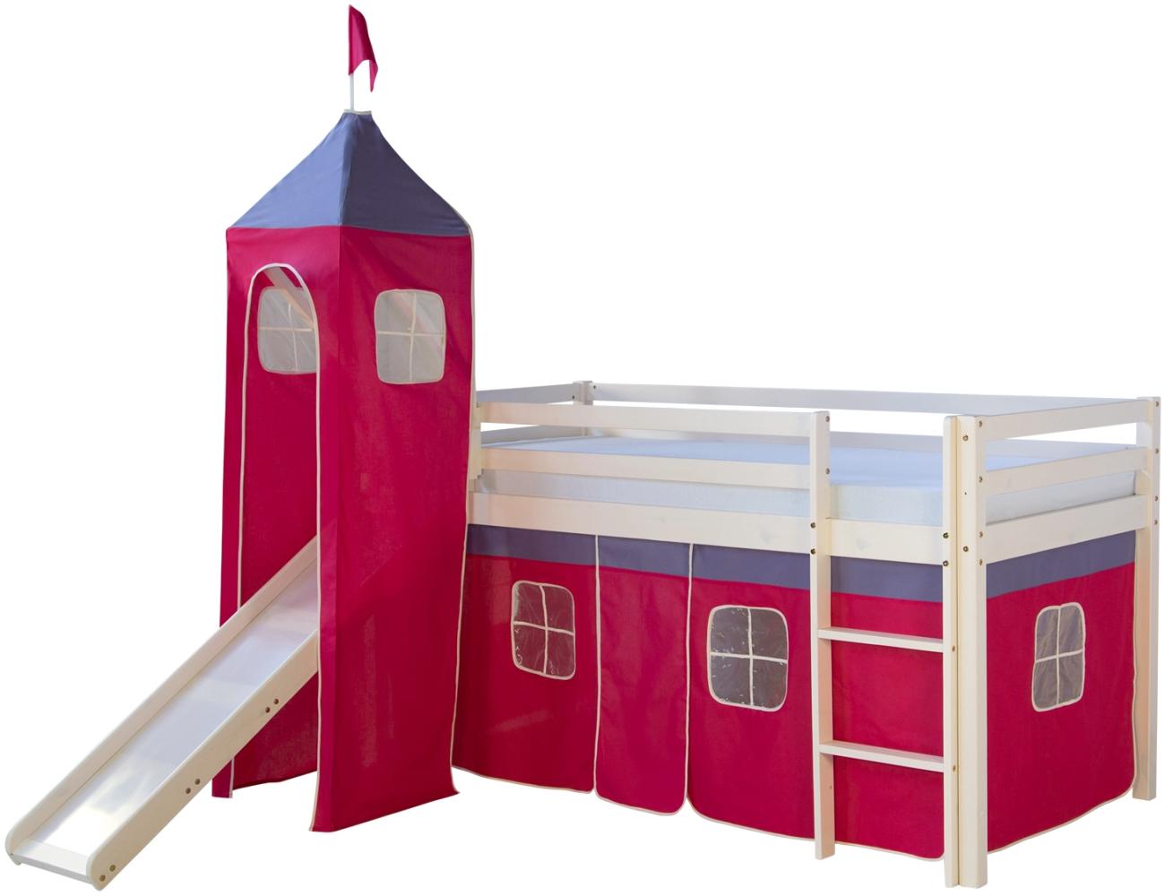 Hochbett mit Matratze 90x200 cm Turm Rutsche Stockbett Kinderbett Leiter Holz Kiefer Vorhang pink Lattenrost Spielbett Bild 1