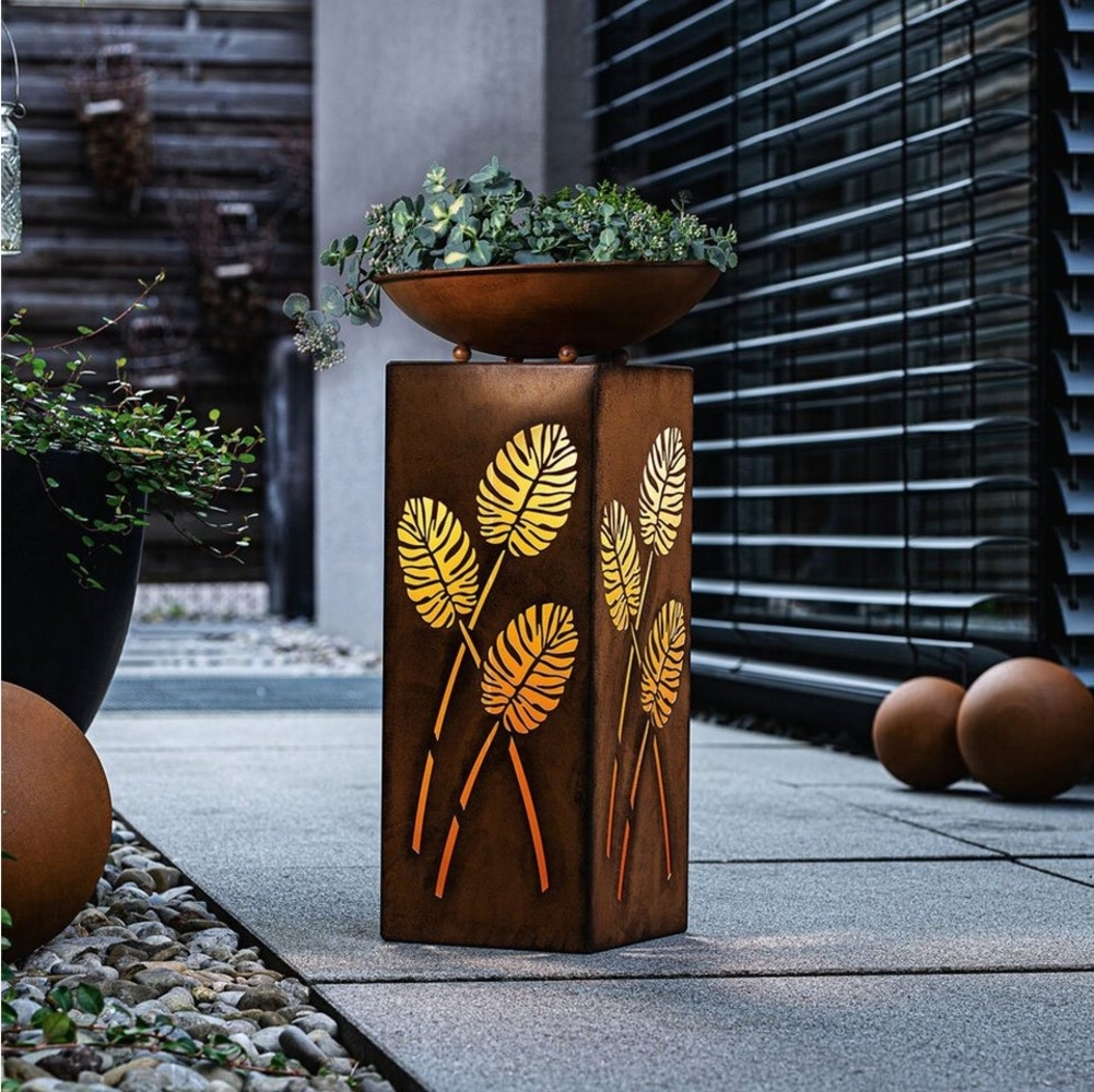 Home-trends24. de Dekosäule LED Säule Blätter Pflanzschale Garten Schale Rost Metall Terrasse Bild 1