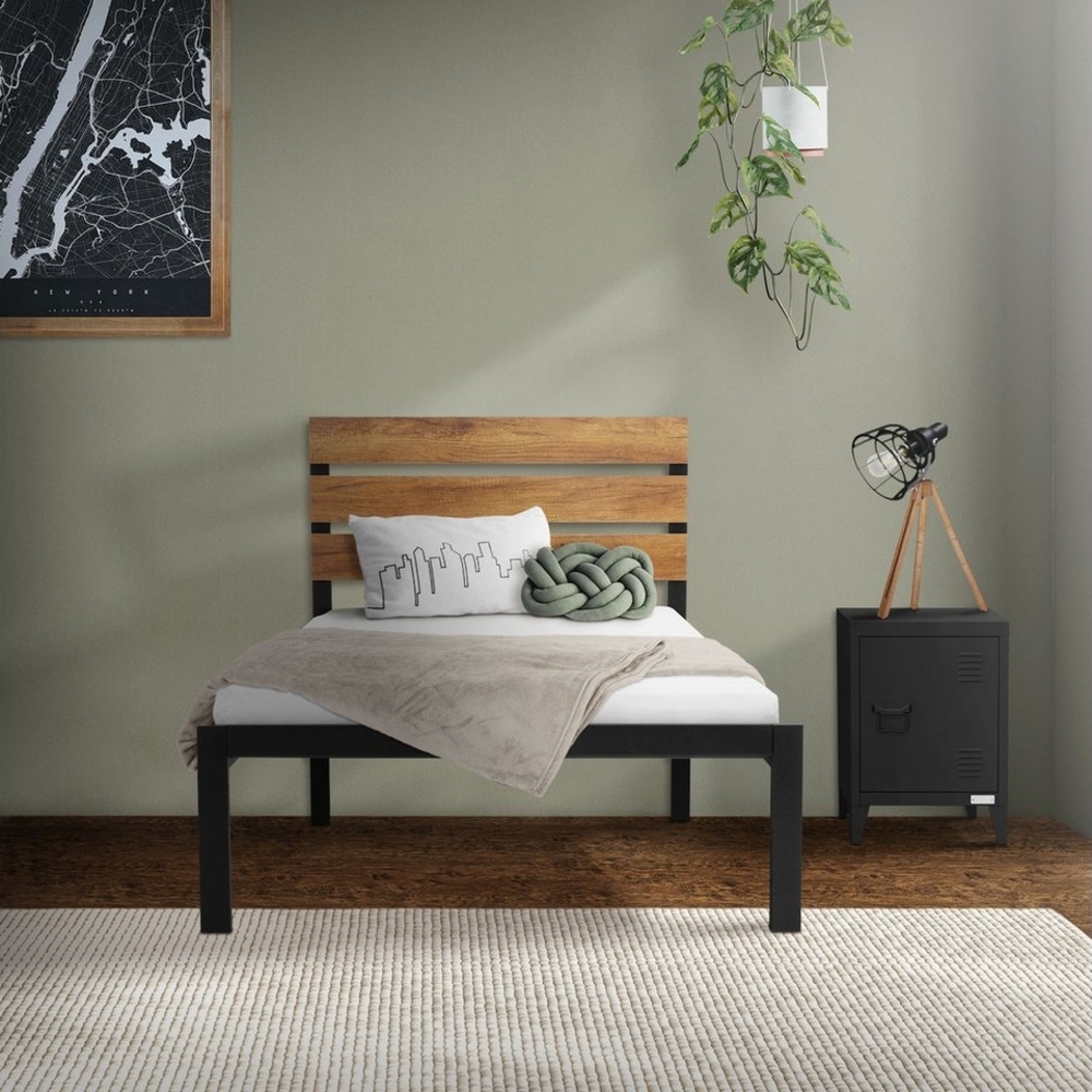 ML-DESIGN Metallbett Bett für Schlafzimmer mit Lattenrost und Holz-Kopfteil Rustikal, Gästebett 90x200 cm Schwarz-Braun Einzelbett Doppelbett Bild 1