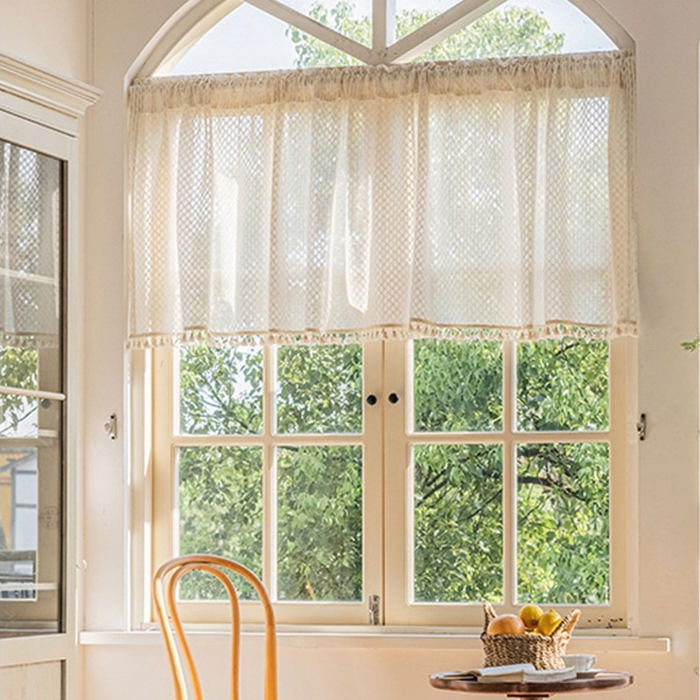Sunicol Scheibengardine Halbtransparent Bistrogardine, Vintage Quasten Boho Küche Vorhänge, (1 St), Gaze Schals Fensterschal für Küche Wohnzimmer Landhaus Bild 1